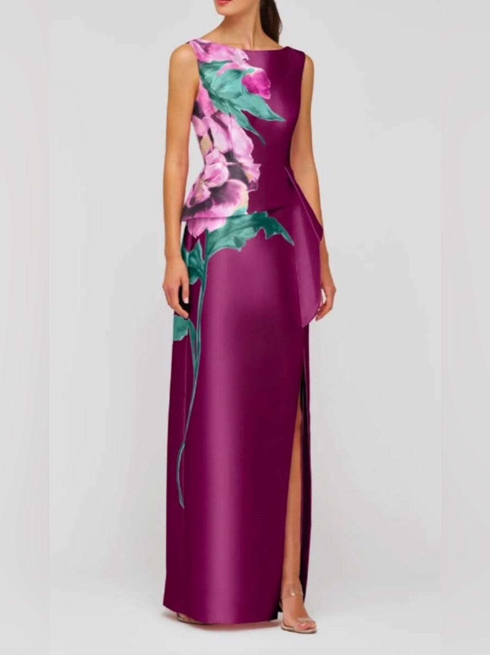 NWT,Kay Unger Luciana Placed Floral Column Sleeveles Gown Mulberry Sz10 MRSP$358